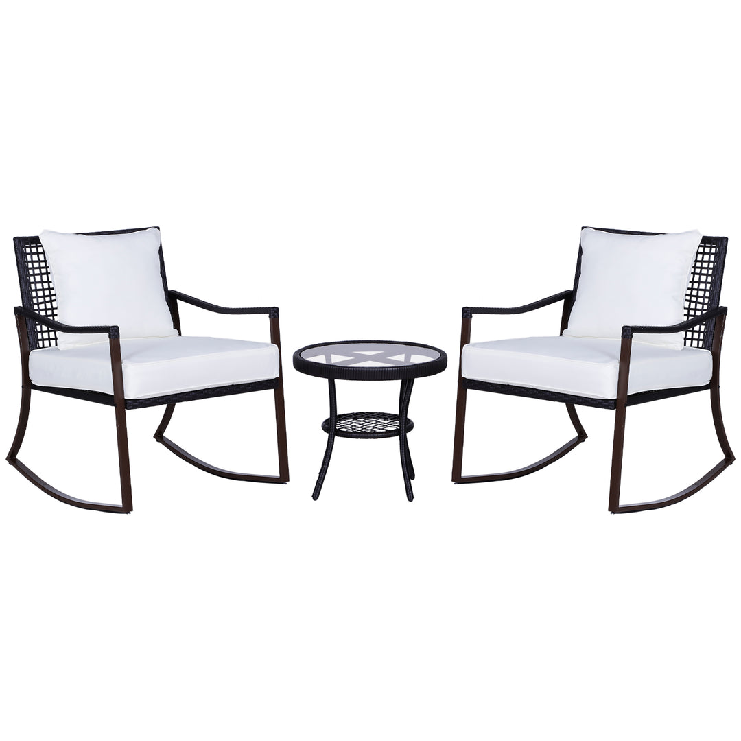 Rattan Bistro Set, 3 Pieces Wicker Garden Furniture Set with Rocking Chairs and Round Glass Top Coffee Table, Small Balcony Furniture with Cushions for Outdoor, Porch, Brown