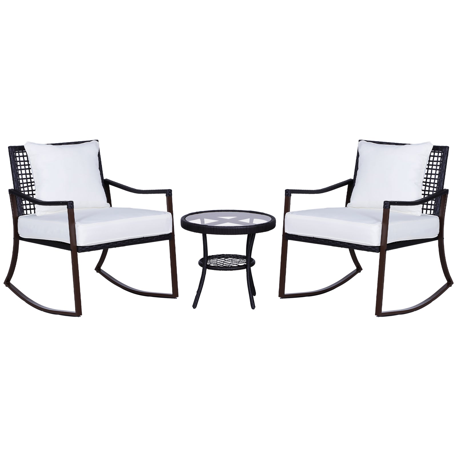 Rattan Bistro Set, 3 Pieces Wicker Garden Furniture Set with Rocking Chairs and Round Glass Top Coffee Table, Small Balcony Furniture with Cushions for Outdoor, Porch, Brown
