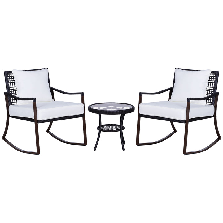 Rattan Bistro Set, 3 Pieces Wicker Garden Furniture Set with Rocking Chairs and Round Glass Top Coffee Table, Small Balcony Furniture with Cushions for Outdoor, Porch, Brown