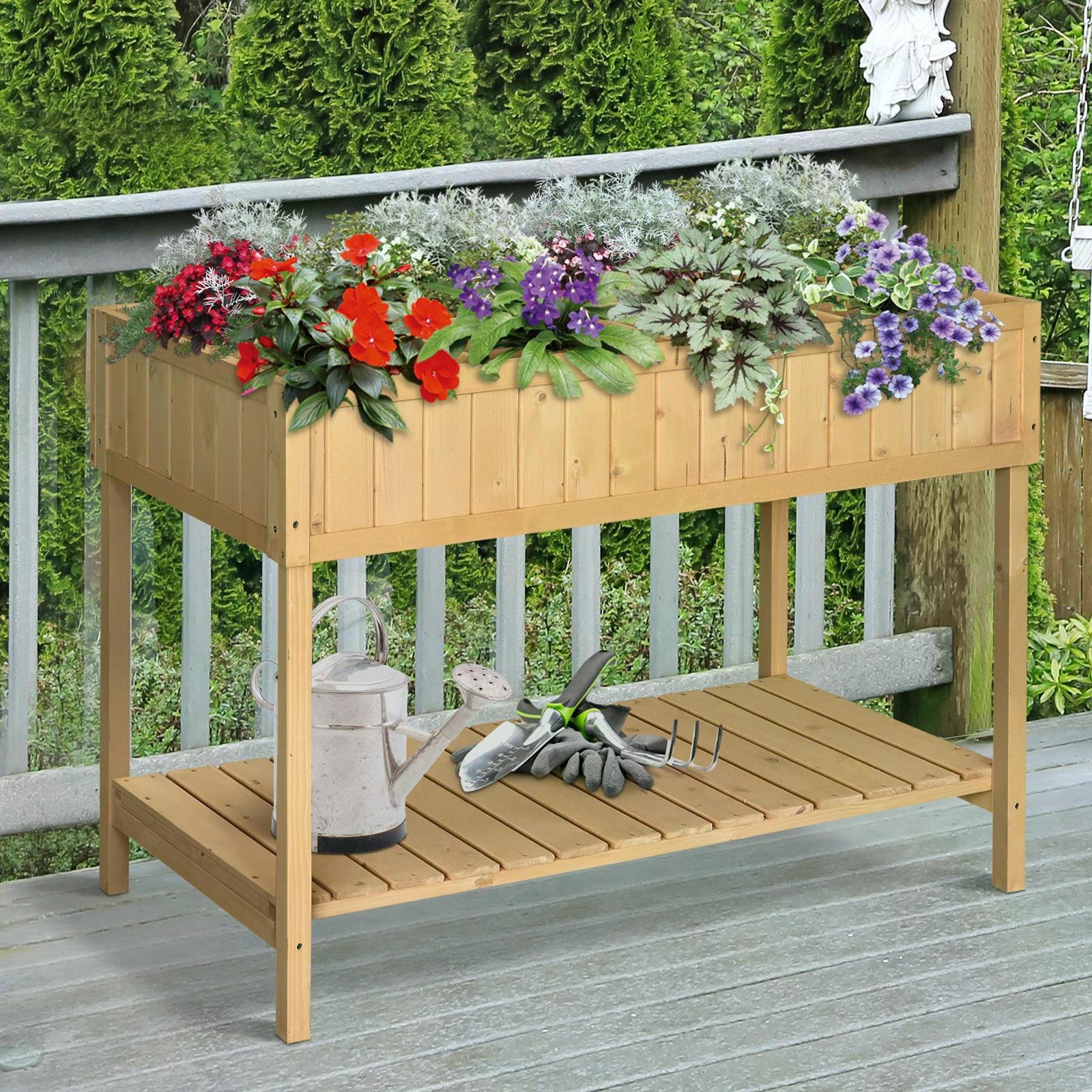 Garden Wooden Planters, Rectangular 8 Compartment Plant Stand, Oak Tone