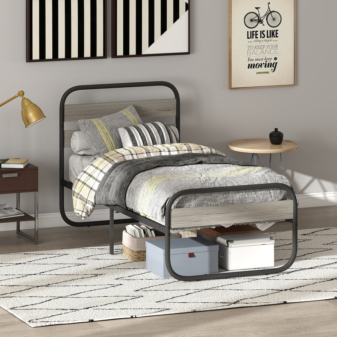 3ft Single Bed Frame, Industrial Style Metal Platform Bed Frame with Under Bed Storage, No Box Spring Needed, Easy Assembly, Grey