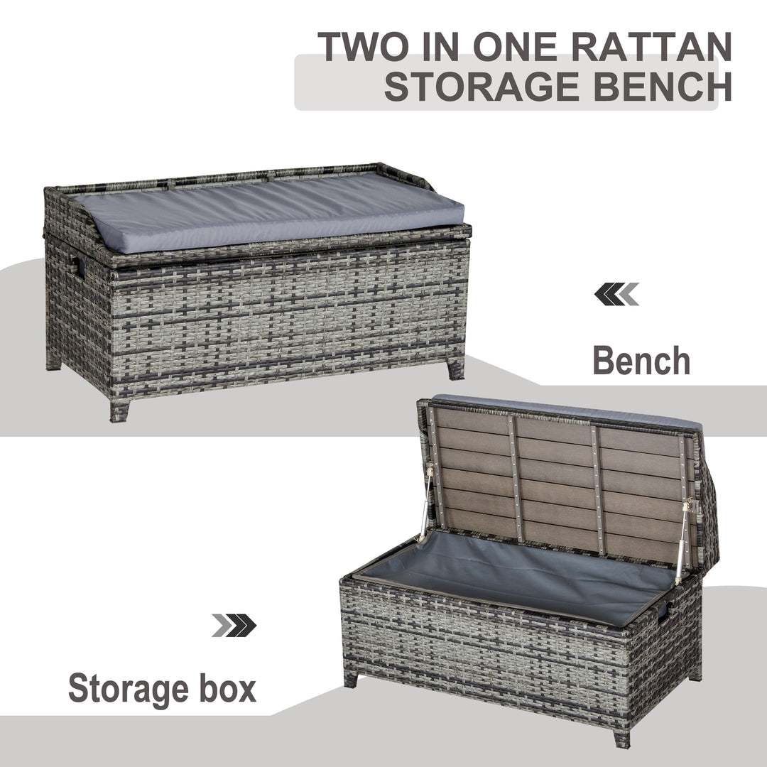 Outsunny Patio PE Rattan Wicker Storage Basket Box Bench Seat Furniture w/ Cushion Mixed Grey