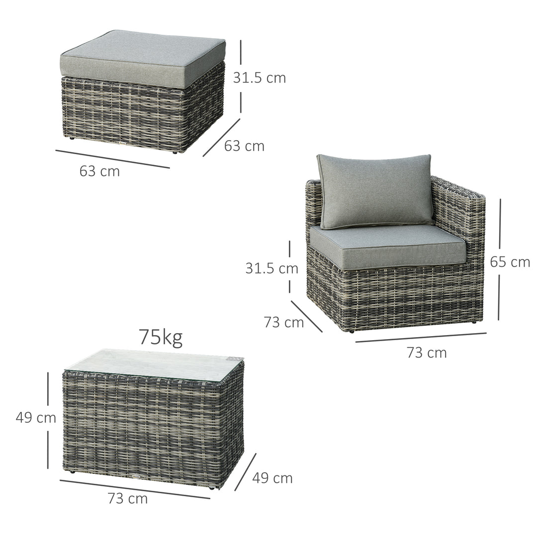 Five Piece Rattan Armchair, Stool and Table Set - Mixed Grey