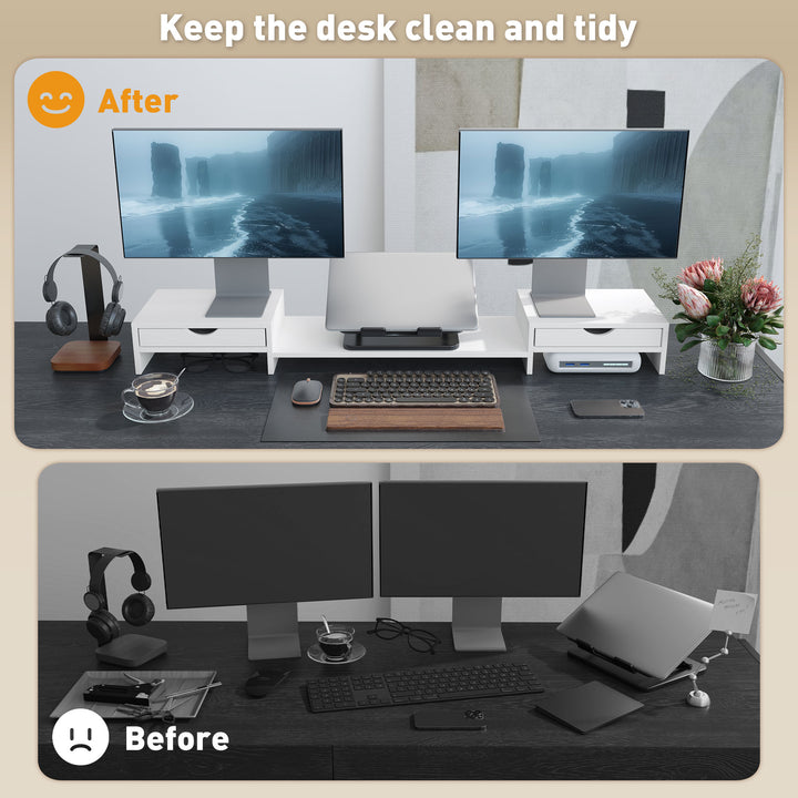 Dual Monitor Stand Riser with 2 Drawers, Adjustable Length and Angle, 116cm Monitor Riser for Laptop, Computer, PC, Small Printer, White