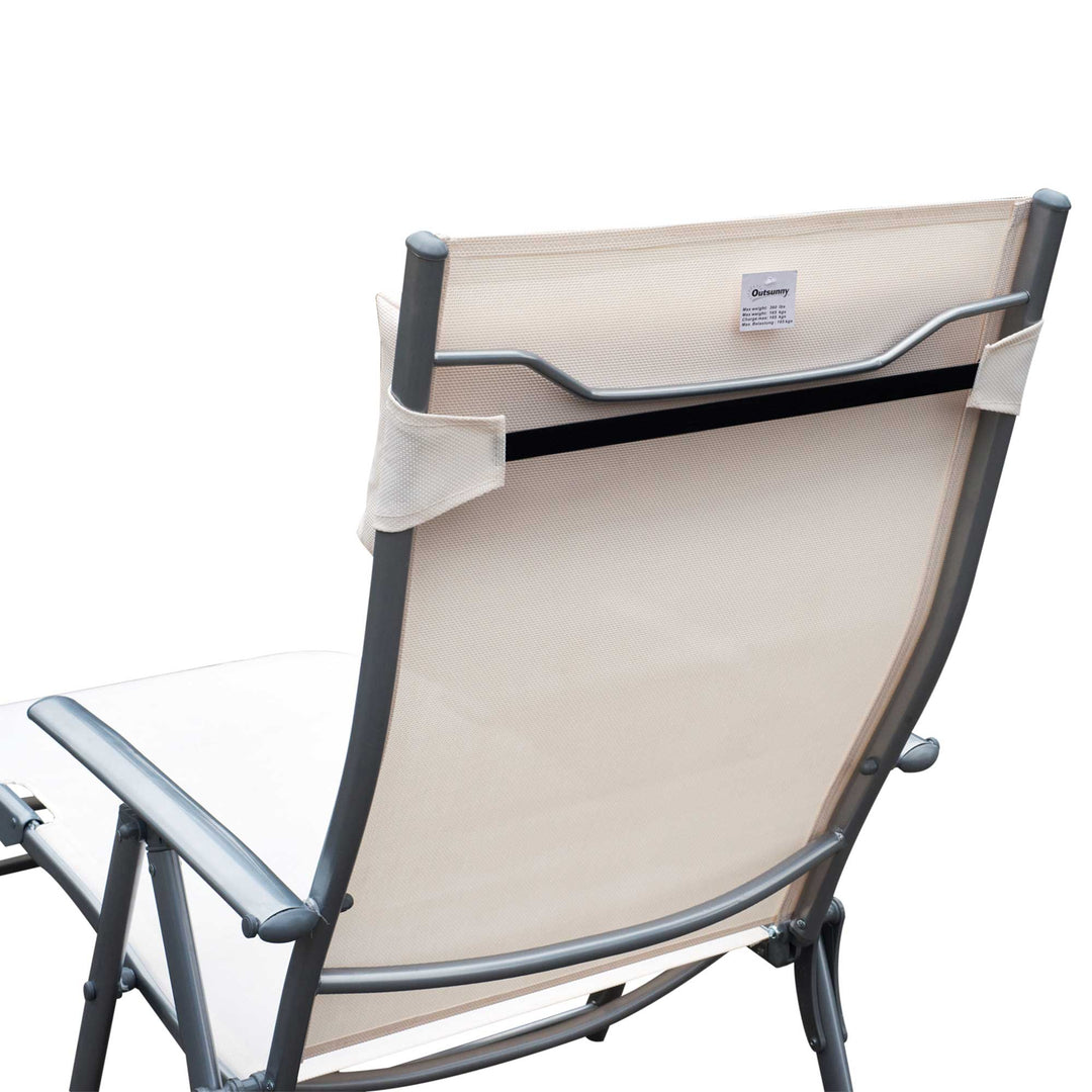 Sun Lounger Steel Frame Outdoor Folding Chaise Texteline Lounge Chair Recliner with Headrest & 7 Levels Adjustable Backrest, Cream White