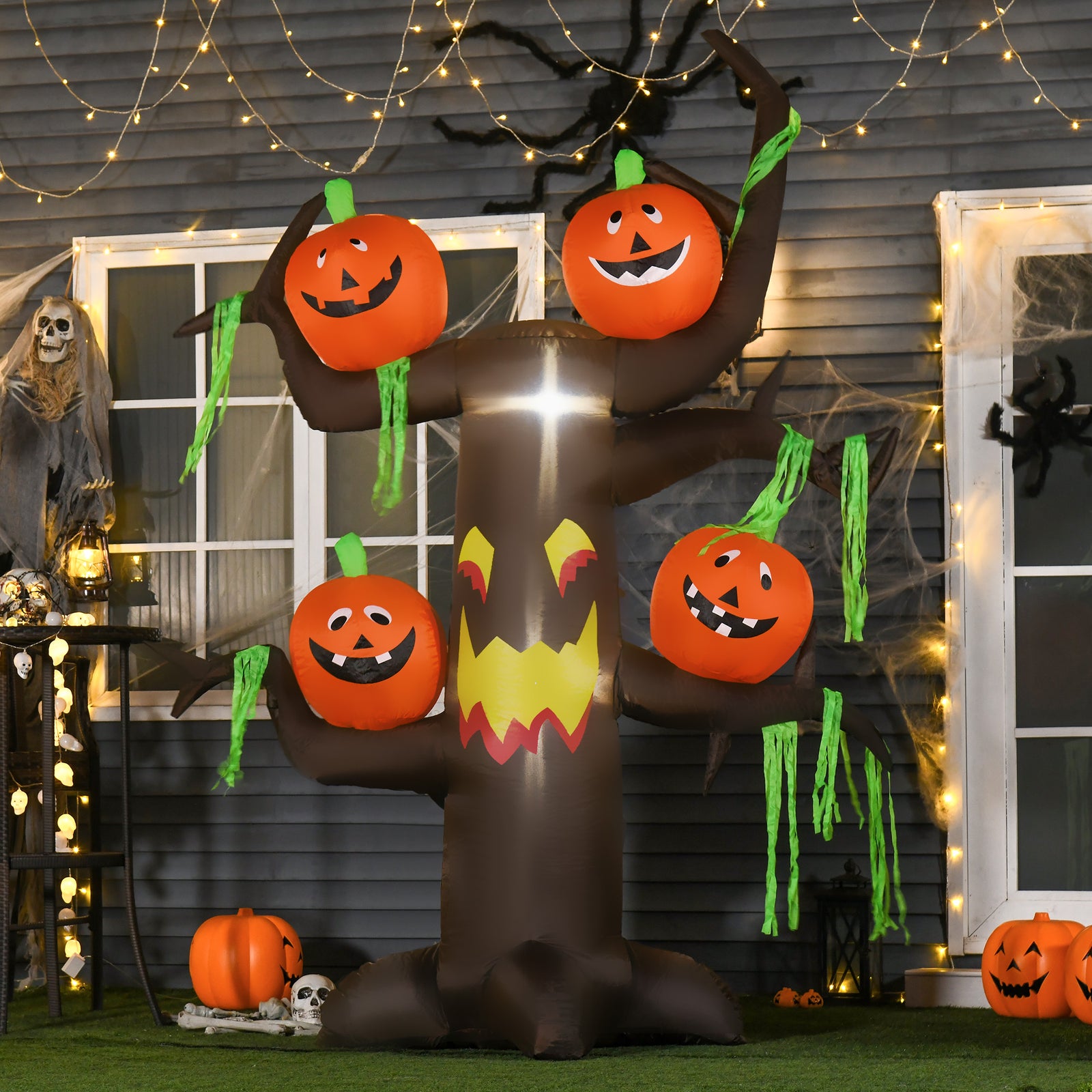 2.4m Halloween Inflatable Ghost Tree with 4 Pumpkins 2 Build-in LEDs, Blow Up Inflatables for Halloween Party Yard Lawn Outdoor Indoor Decoration