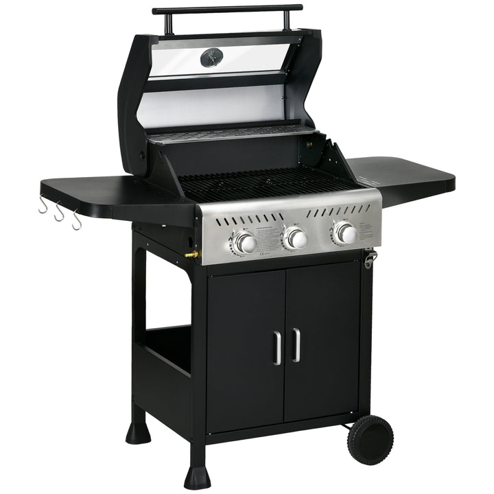 Outsunny 9 kW 3 Burner Gas BBQ Grill with See-through Lid, Black | Aosom UK