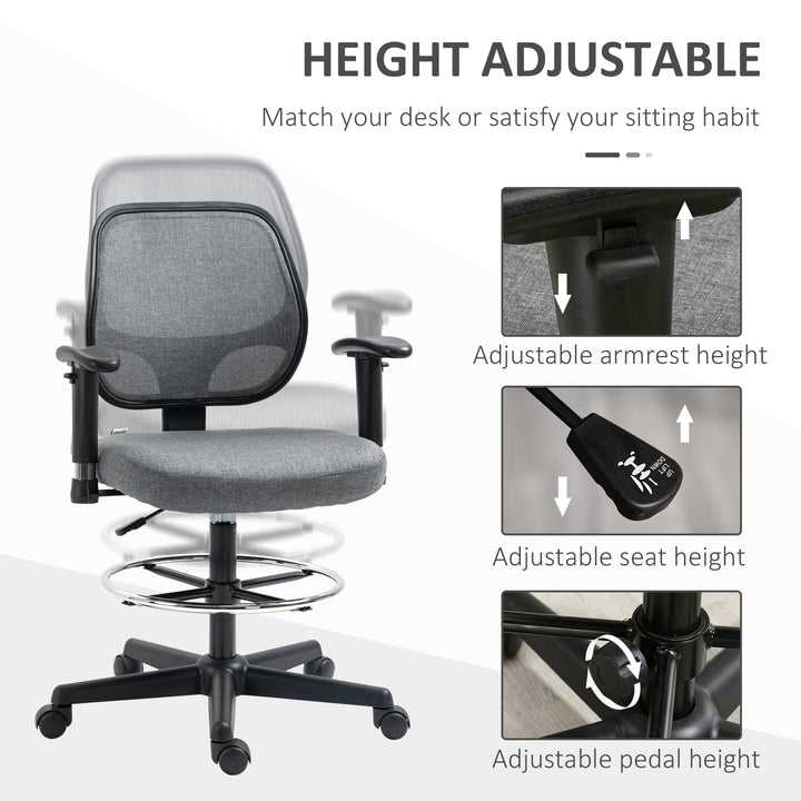 Drafting Chair, Fabric Office Chair, Ergonomic Painting Chair with Height Armrest Adjustable and Foot Ring, 360° Swivel Stool Chair for Standing Desk, Grey