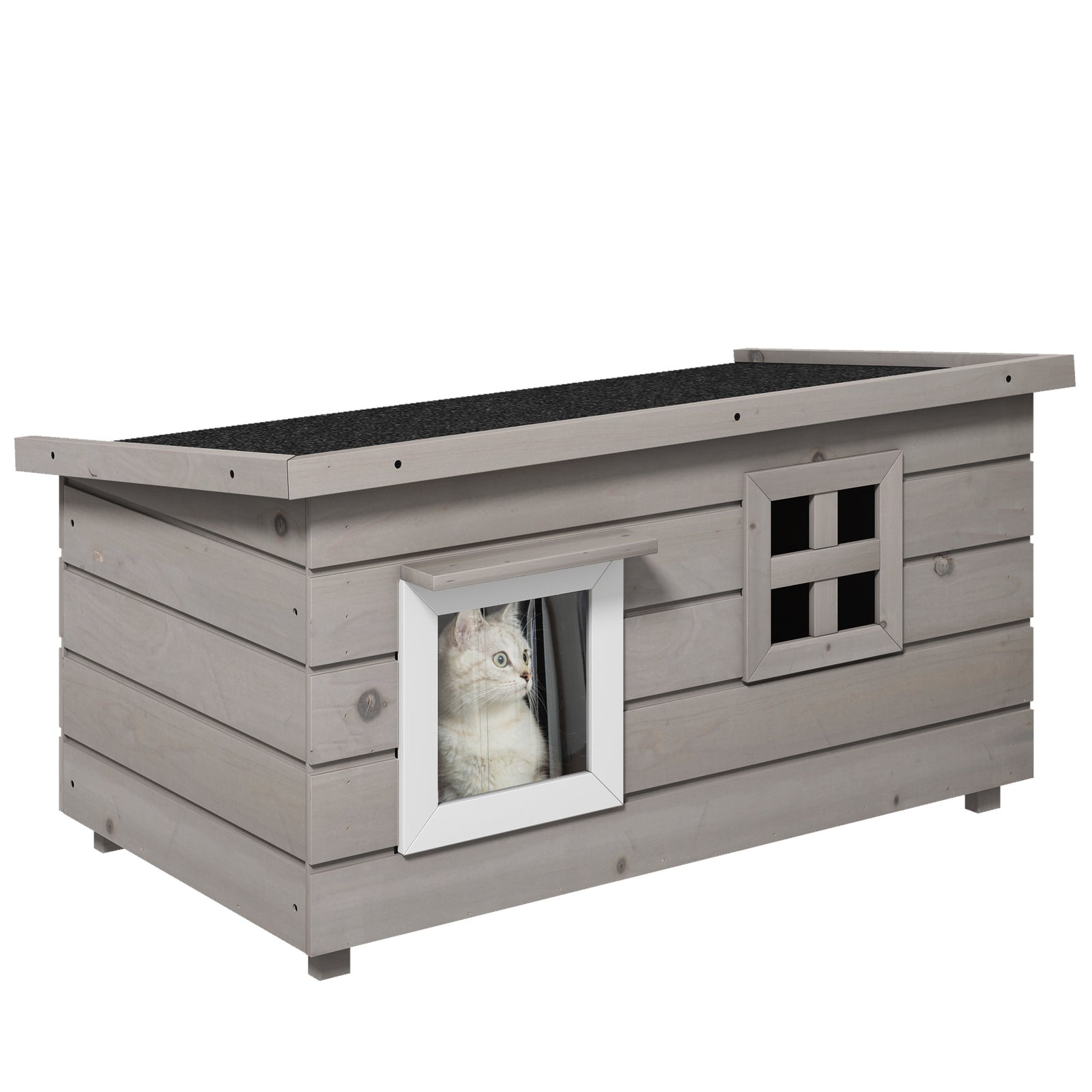Wooden Outdoor Cat House, Elevated Cat Shelter Kennel, Pet Play House with Openable Top, Asphalt Roof, Window, Grey
