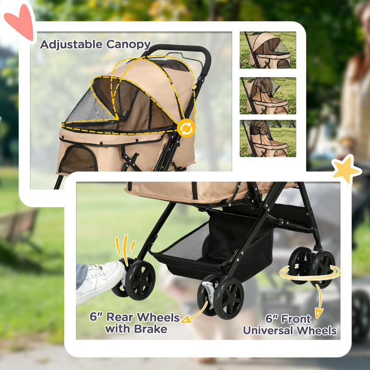 Pet Stroller Pushchair Foldable Travel Dog Cat Carriage w/ Reversible Handle Brake Basket