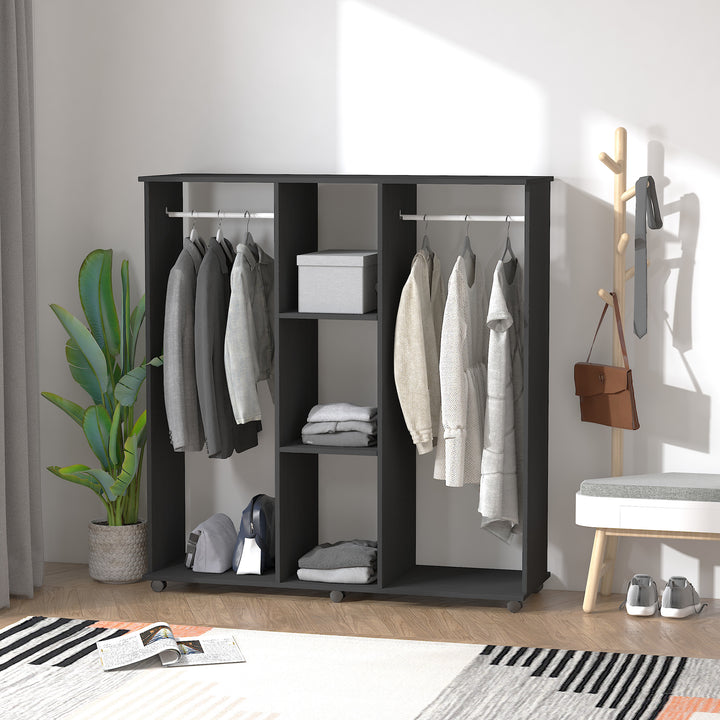Open Wardrobe Double Mobile Storage Shelves Organizer W/6 Wheels-Black