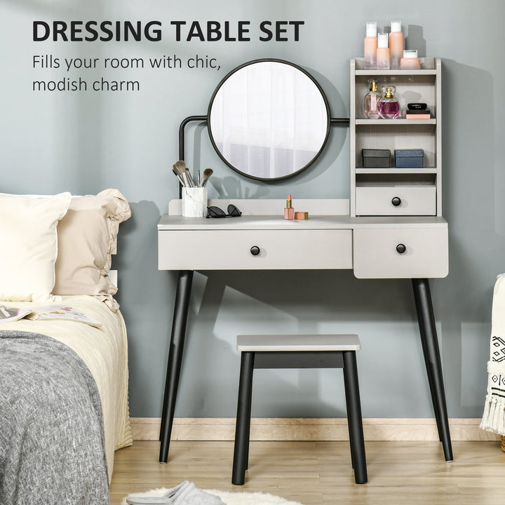 HOMCOM Dressing Table Set with Mirror and Stool, Vanity Makeup Table with 3 Drawers and Open Shelves for Bedroom, Living Room, Grey | Aosom UK