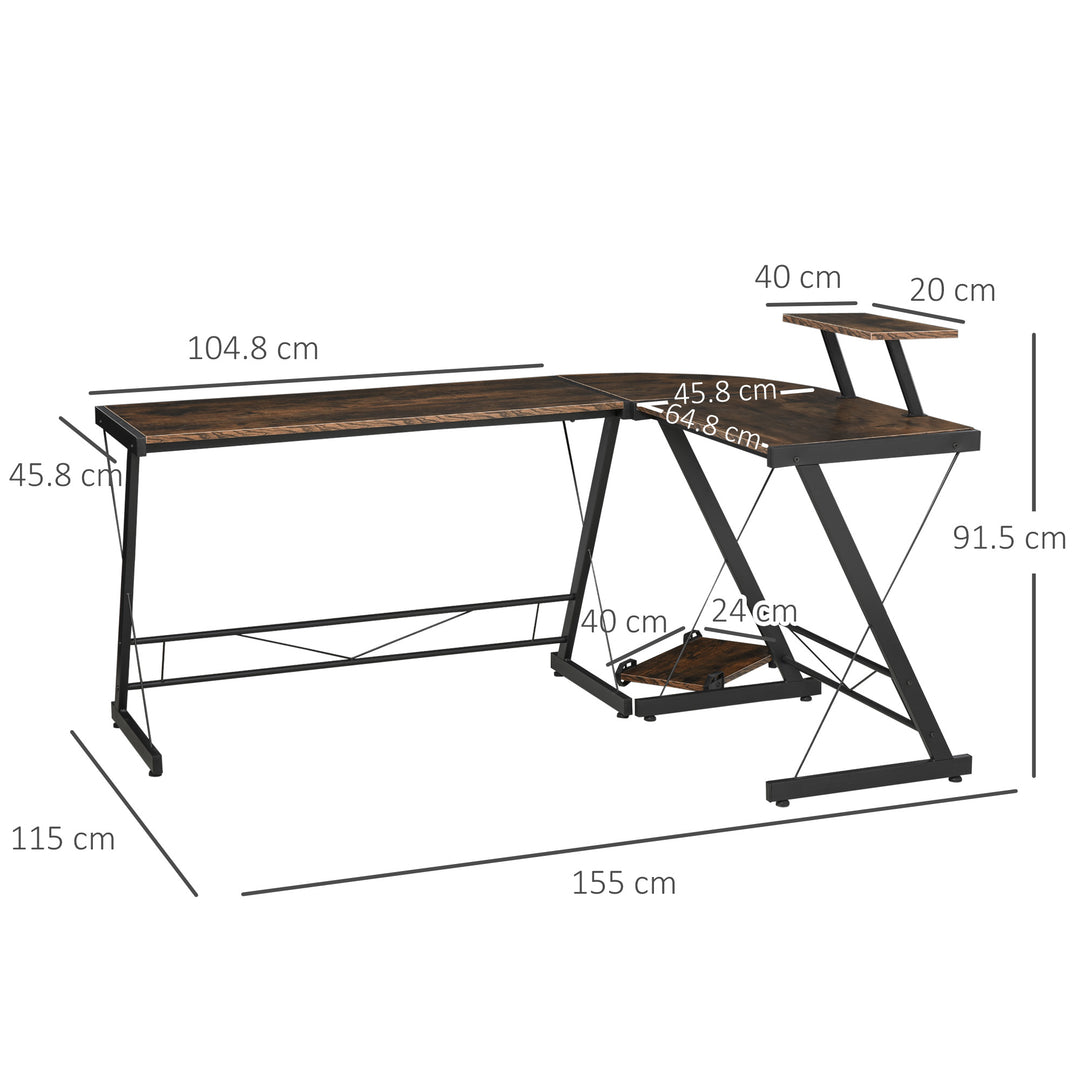 L Shaped Corner Desk, Gaming Desk, Computer Table with Monitor Stand and CPU Stand, Study Workstation for Home Office, 155 x 115 x 91.5cm, Rustic Brown and Black