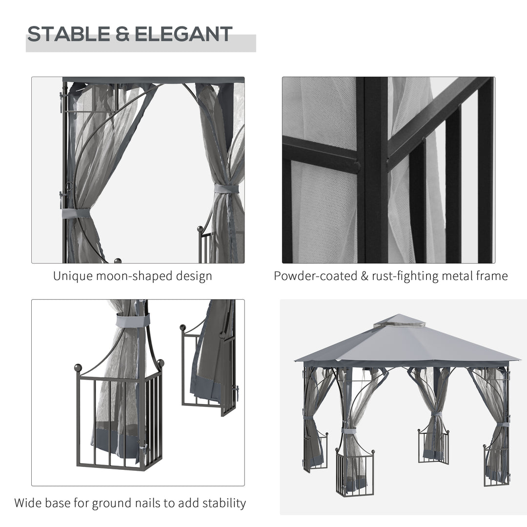 3 x 3(m) Garden Gazebo Patio Party Tent Shelter Outdoor Canopy Double Tier Sun Shade Metal Frame Netting, Light Grey