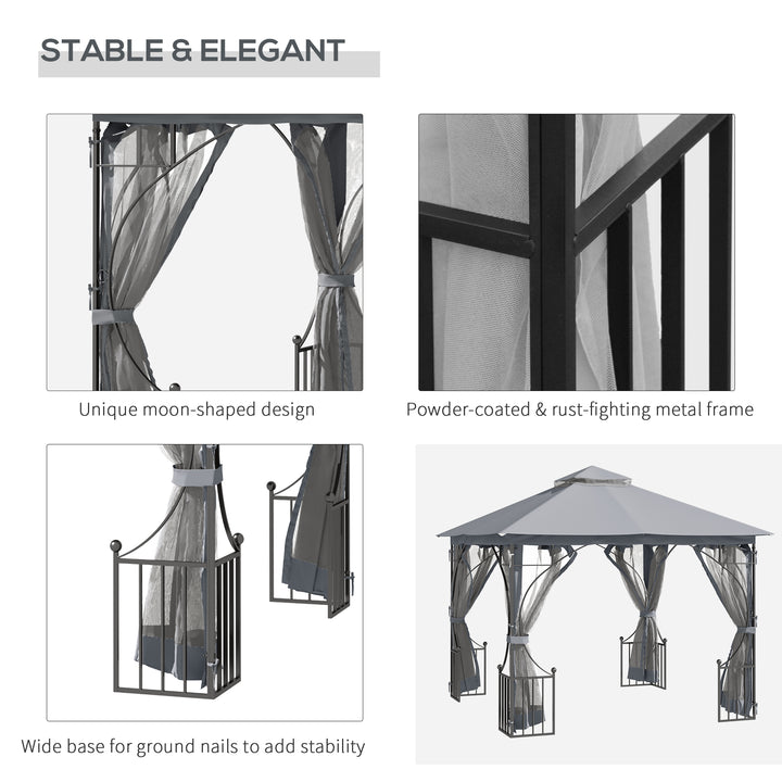 3 x 3(m) Garden Gazebo Patio Party Tent Shelter Outdoor Canopy Double Tier Sun Shade Metal Frame Netting, Light Grey