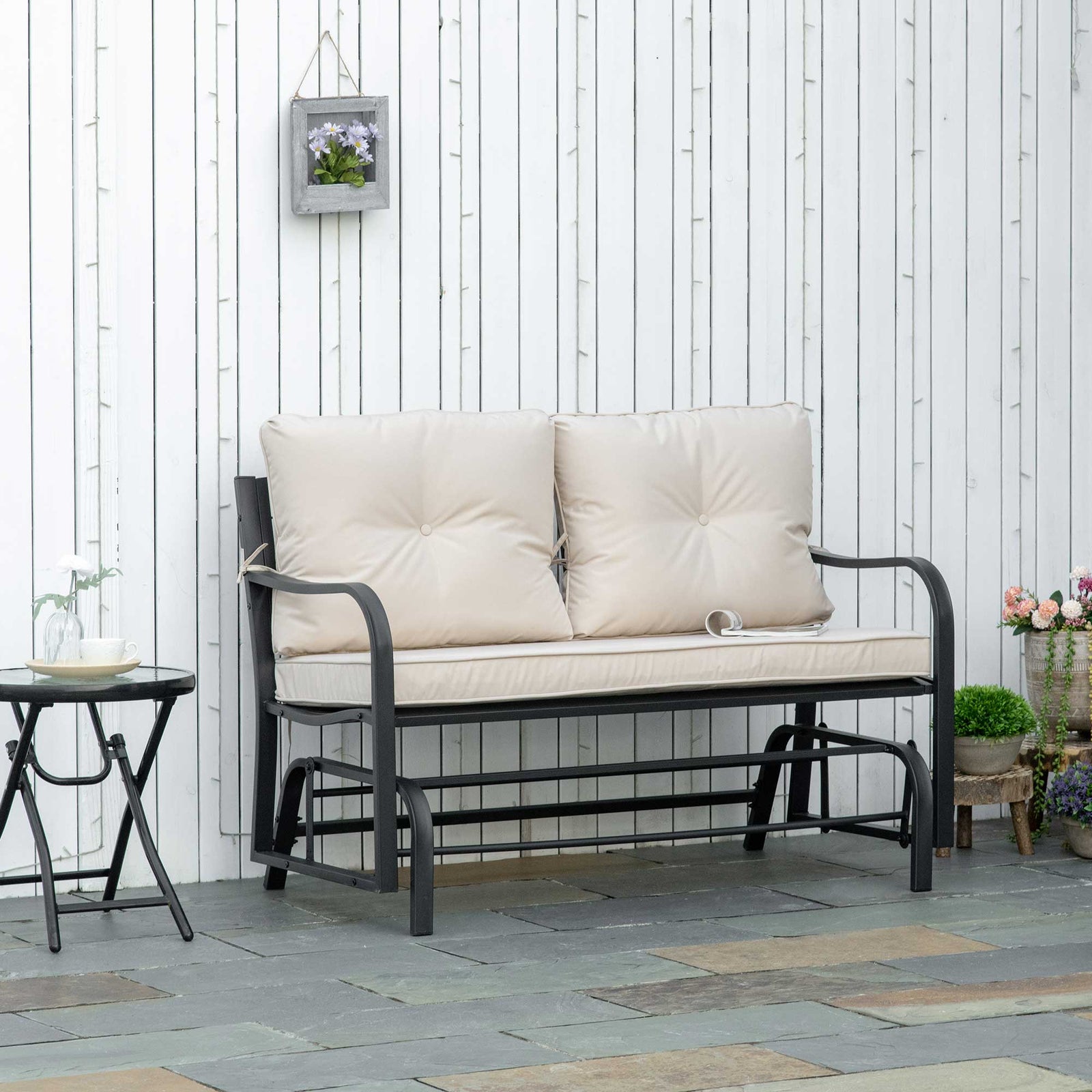 2-Person Outdoor Loveseat Glider Bench Rocking Chair for Patio, Garden, Yard, Porch with Armrest and Cushions, Khaki