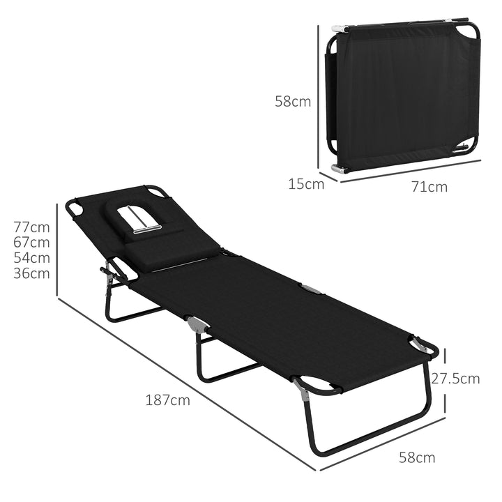 Outdoor Folding Sun Lounger Set of 2 with Face Hole, 4 Level Adjustable Backrest Reclining Garden Lounger, Garden Recliner Sunbed with 600 D Oxford Cloth Seat and Pillow for Beach, Black
