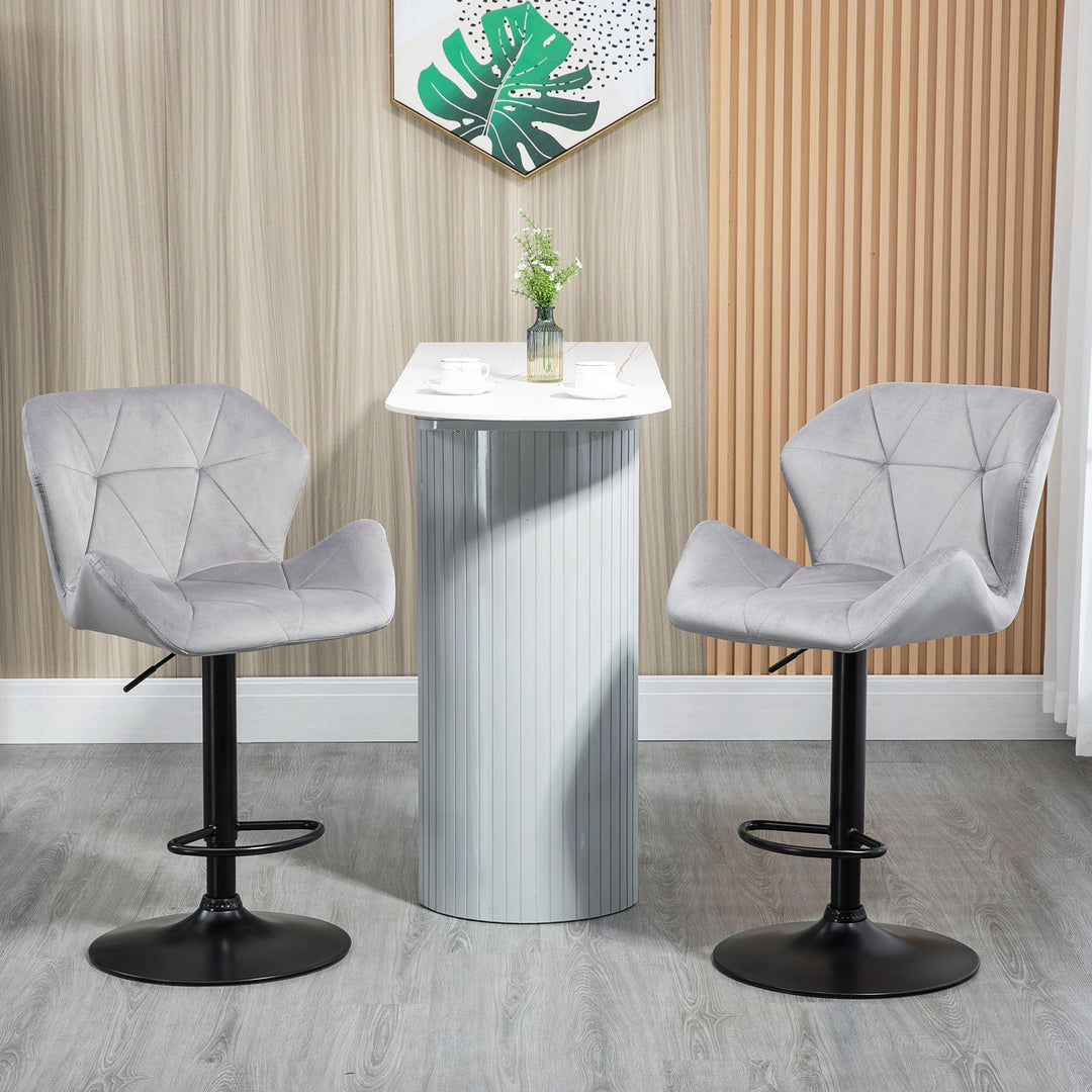 Bar Stools Set Of 2, Luxurious Velvet-Touch Barstools with Metal Frame Footrest Round Base Triangle Indenting Moulded Seat Adjustable Height Swivel