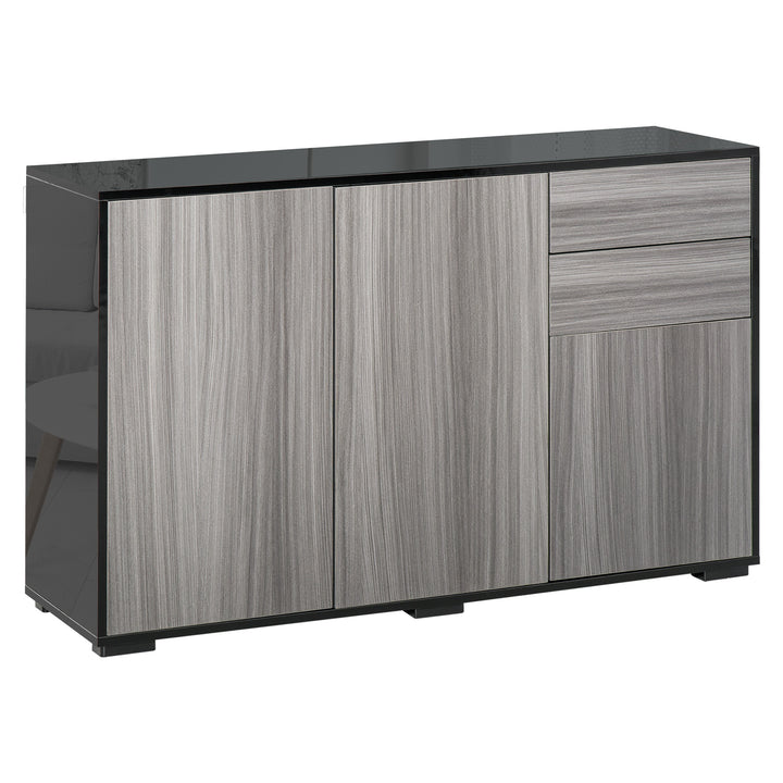 High Gloss Side Cabinet, Push-Open Design with 2 Drawers and 2 Cabinets for Living Room, 74H x 117W x 36Dcm, Light Grey and Black