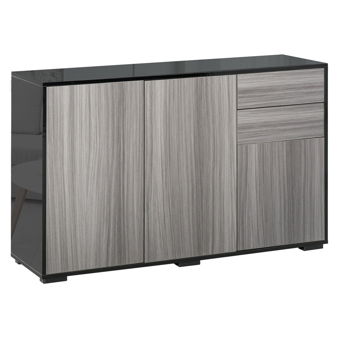 MCL High Gloss Side Cabinet, Push-Open Design with 2 Drawers and 2 Cabinets for Living Room, 74H x 117W x 36Dcm, Light Grey and Black