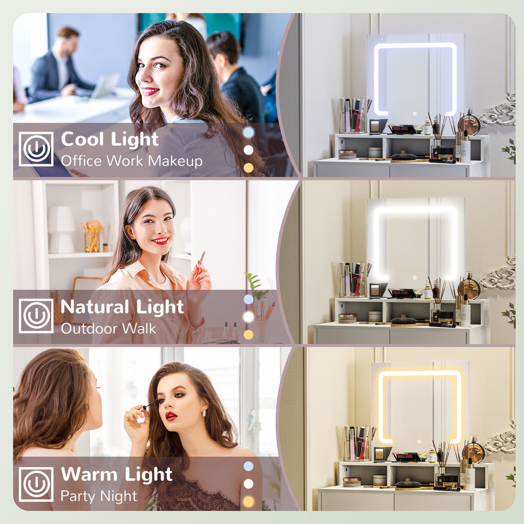 Storage Dressing Table, with LED Light Mirror - White