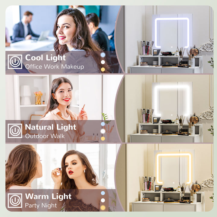 Storage Dressing Table, with LED Light Mirror - White