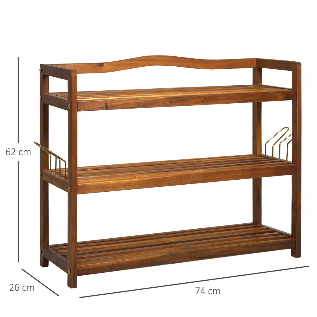 MCL 3-Tier Shoe Rack, Acacia Wooden Shoe Storage Organiser with 2 Hangers, Holds up to 12 Pairs, for Entryway, Living Room, 74 x 26 x 62 cm, Teak