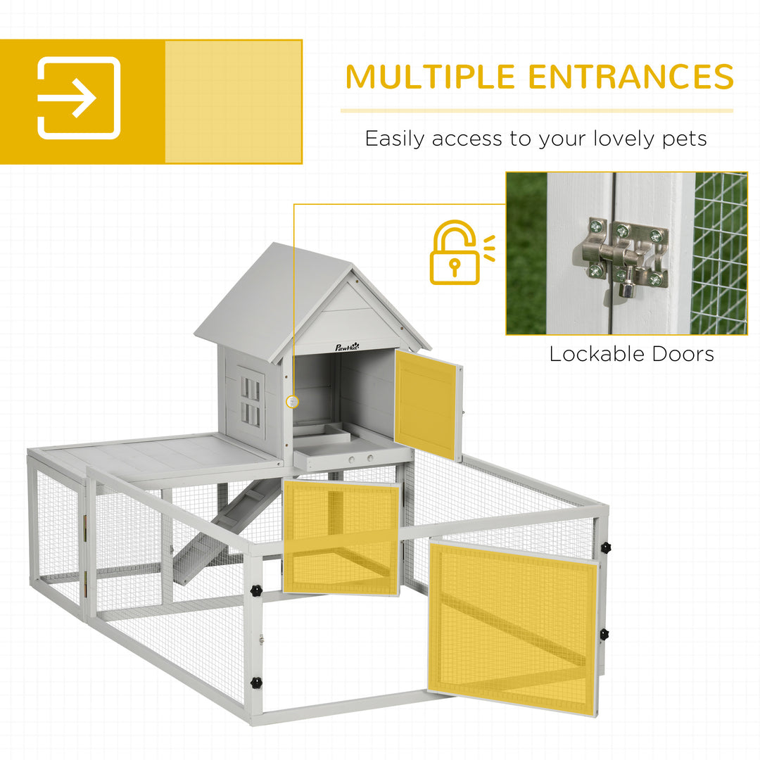 PawHut Wooden Rabbit Hutch with Extra Fenced Area, Large Guinea Pig Cage, Small Animal House for Indoor with Slide-out Tray, Light Grey