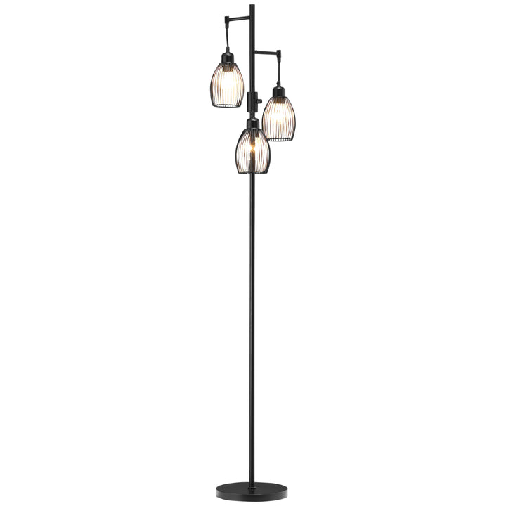 3-Light Floor Lamp, 170cm Industrial Dimmable Standing Lamp with Steel Wire Cage Lampshades for Living Room, Bedroom, Dining Room, Study, Black