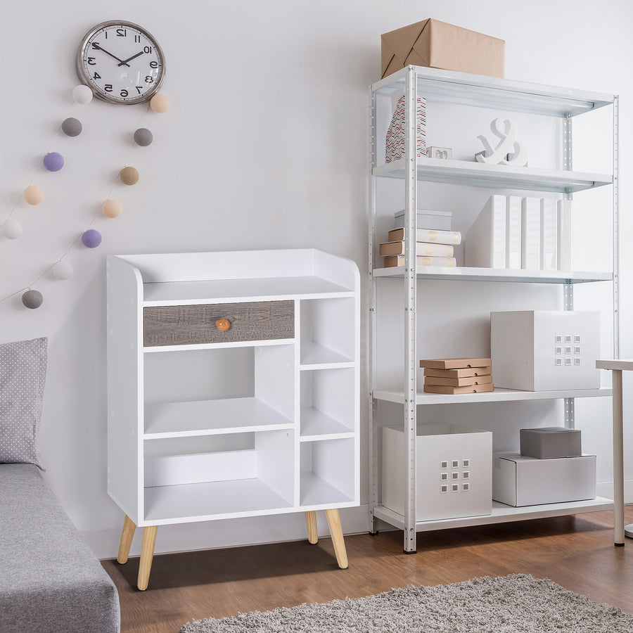 Bookcase, Freestanding Book Shelf with Storage Drawer, 6 Shelves and Wood Legs for Home Office Display, White and Grey, 24D x 60W x 86.8H cm