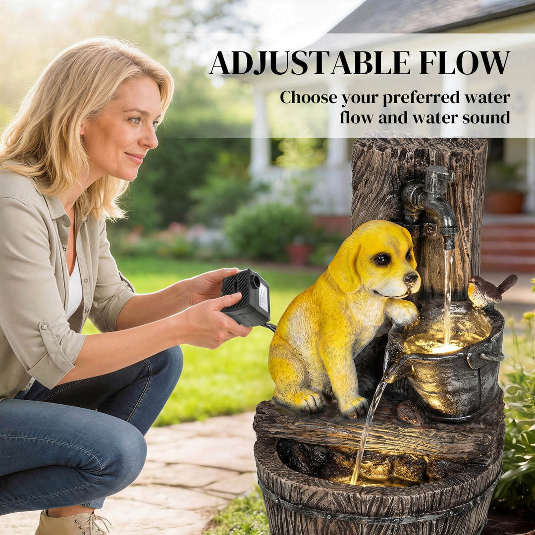 Garden Water Feature with 3-Tier Rustic Puppy Design, Freestanding Res
