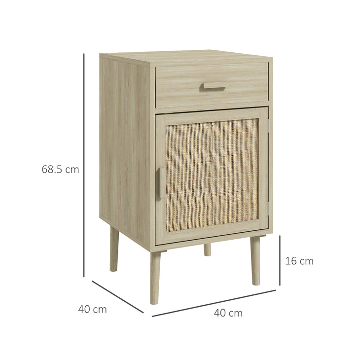 Bedside Table Set of 2, Rattan Side Tables with Drawer, Cabinet and Adjustable Shelf, Boho Bedside Cabinet with Storage for Bedroom, Living Room, Natural Wood Effect