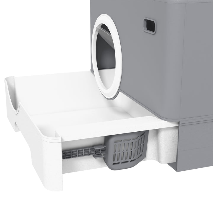Enclosed Cat Litter Box, with Lid, Front Entry, Top Exit, Pull-Out Tray, Scoop - Grey