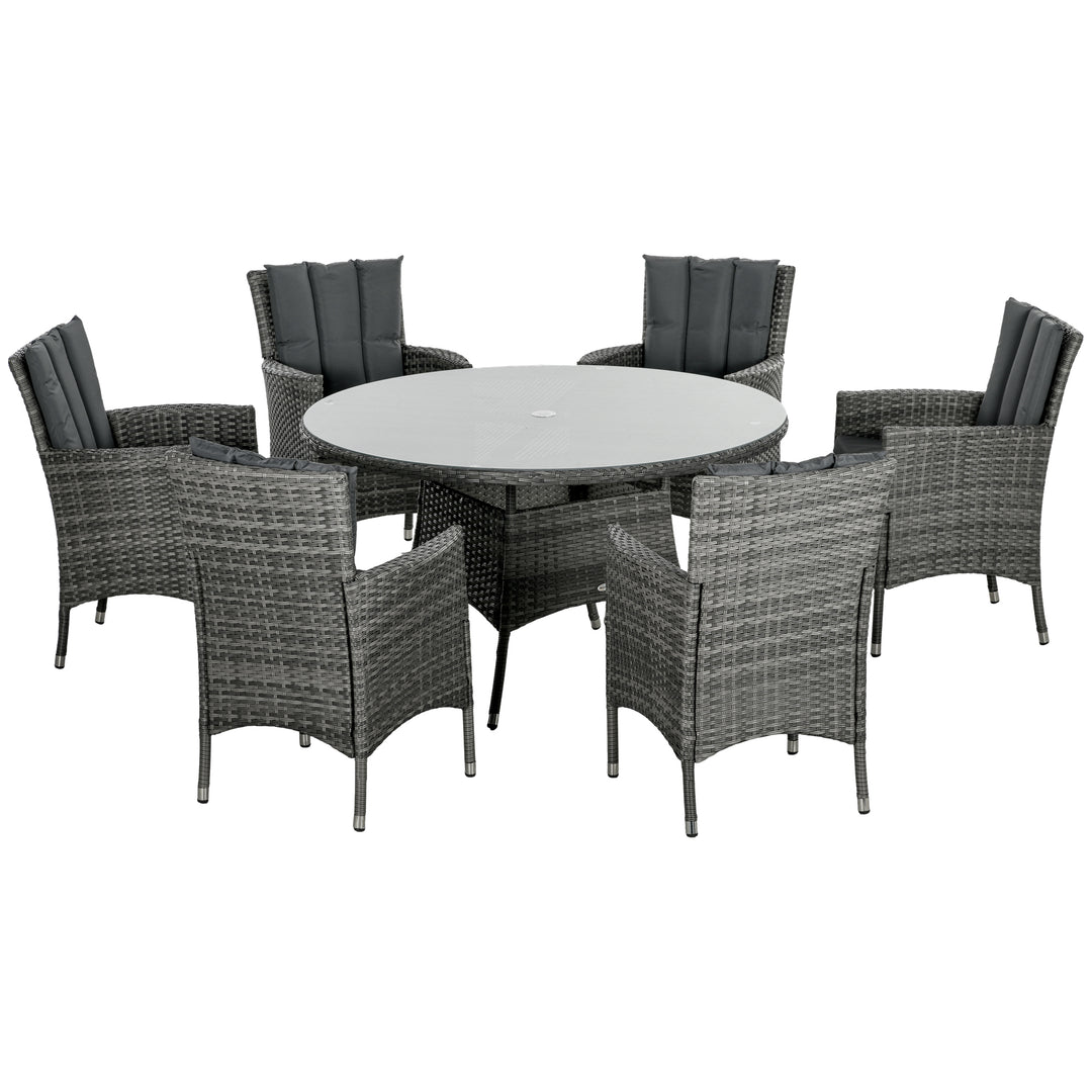 Seven-Piece Rattan Dining Table, with Round Glass-Top Table - Mixed Grey