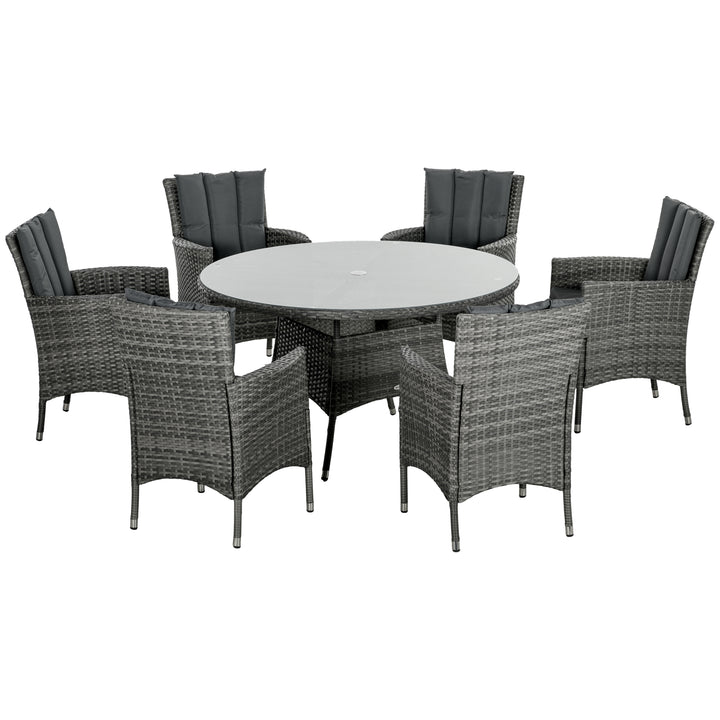 Seven-Piece Rattan Dining Table, with Round Glass-Top Table - Mixed Grey