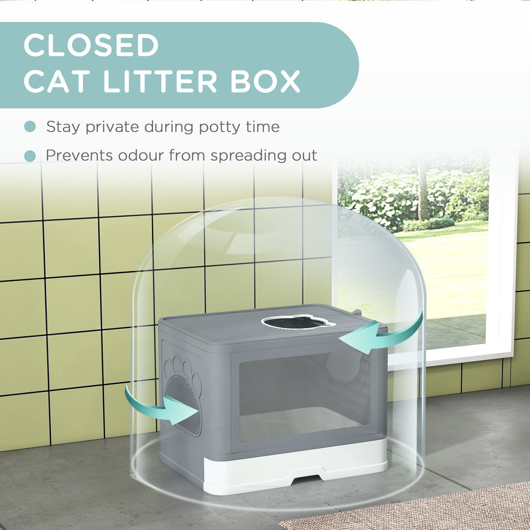 PawHut Enclosed Cat Litter Box: Front/Top Entry, Drawer Tray & Accessories, Grey | Aosom UK