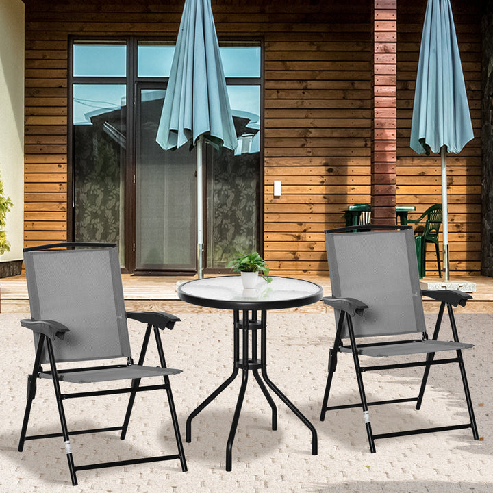 3 Piece Outdoor Bistro Set, Patio Conversation Furniture Set with 2 Folding Backrest Adjustable Armchairs and Glass Top Coffee Table, Grey