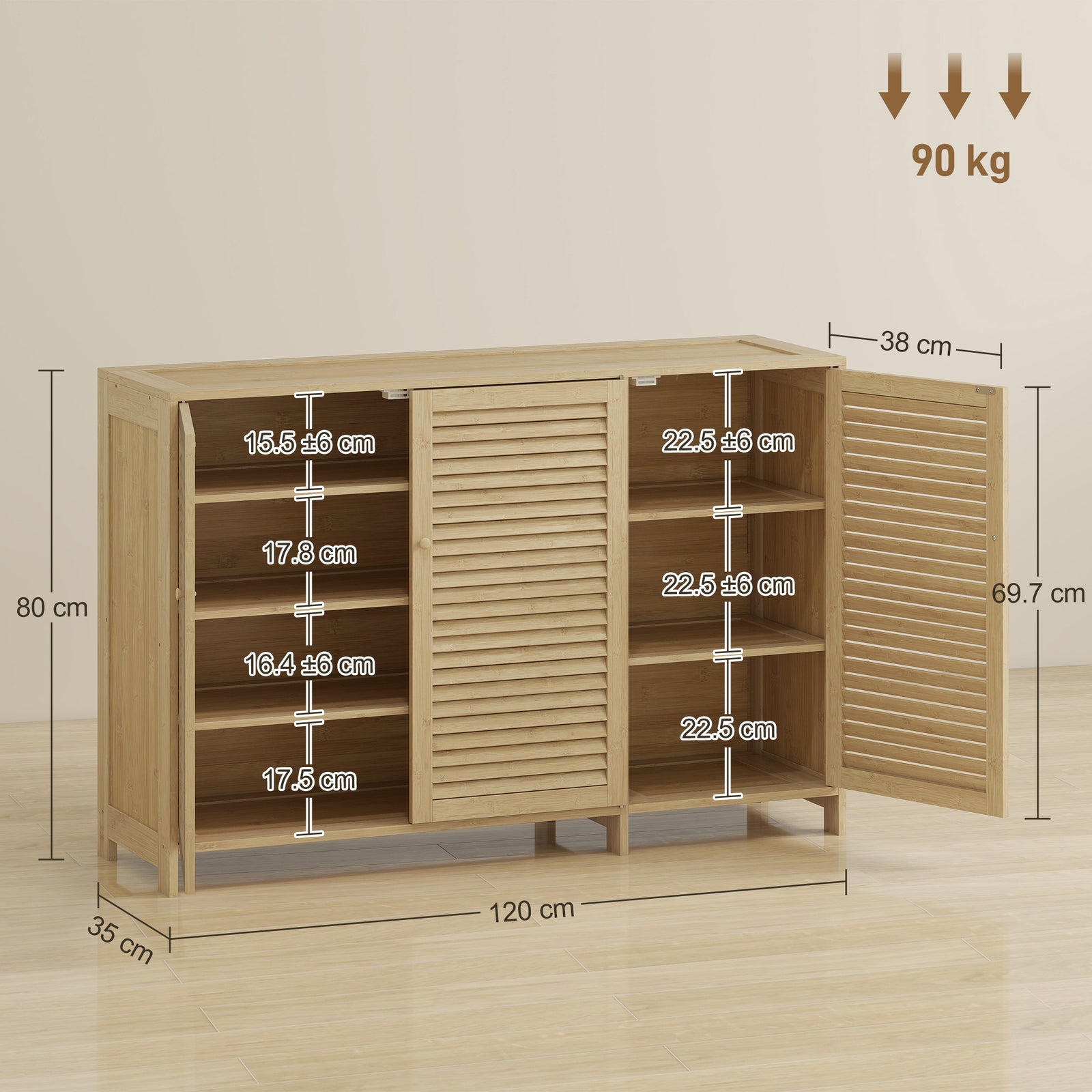 Bamboo Shoe Cabinet with Louvered Doors, 18 Pairs Shoe Storage Cabinet