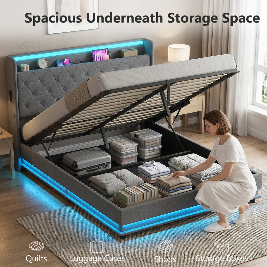 5ft King Bed Frame with Headboard, Platform Bed Frame with Hydraulic S