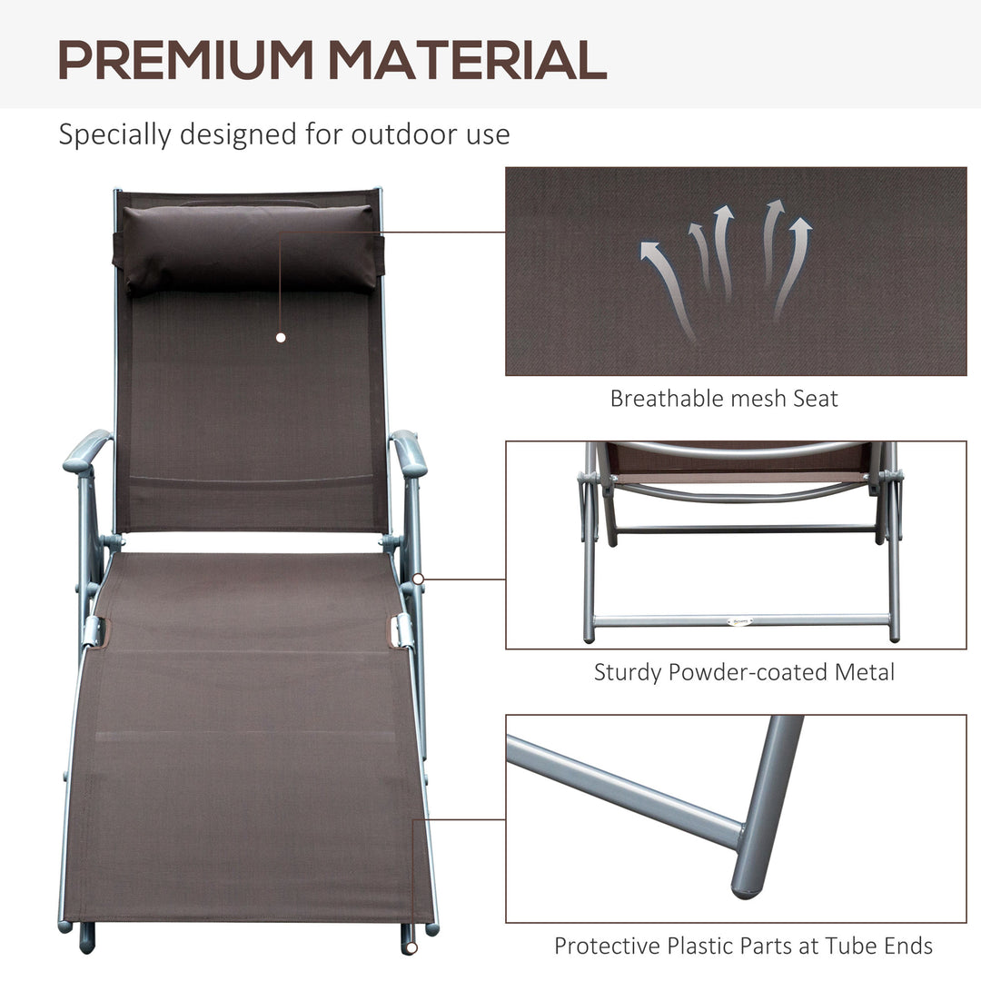 Sun Lounger Steel Frame Outdoor Folding Chaise Texteline Lounge Chair Recliner with Headrest & 7 Levels Adjustable Backrest, Brown