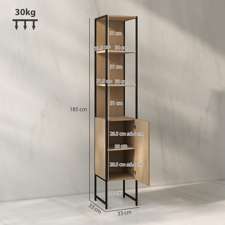Tall Bathroom Cabinet with Open Shelves and Adjustable Shelf - Natural Wood Finish