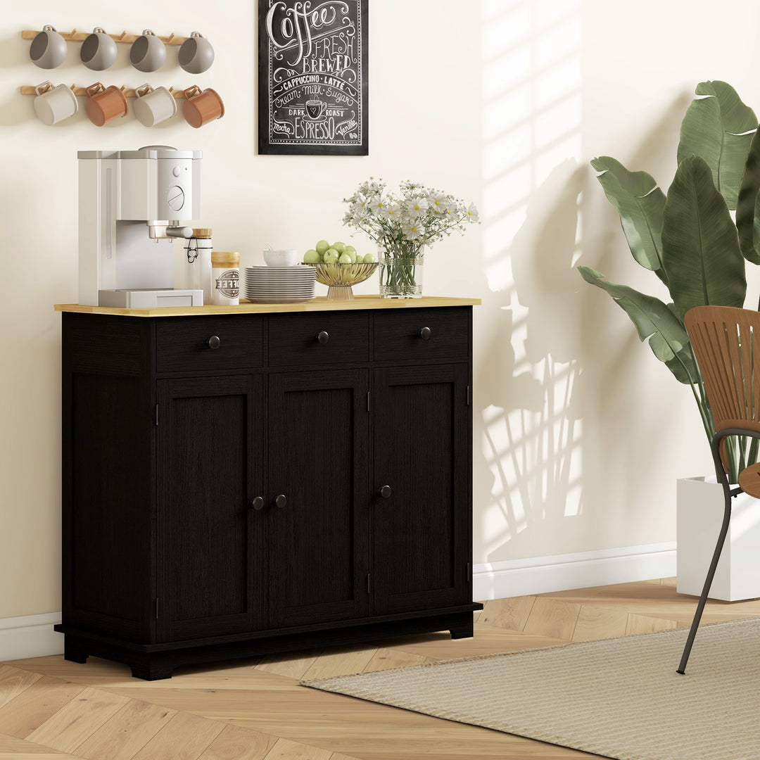 Sideboard with Rubberwood Top and Adjustable Shelves for Dining Room, Kitchen - Black Wood-Effect