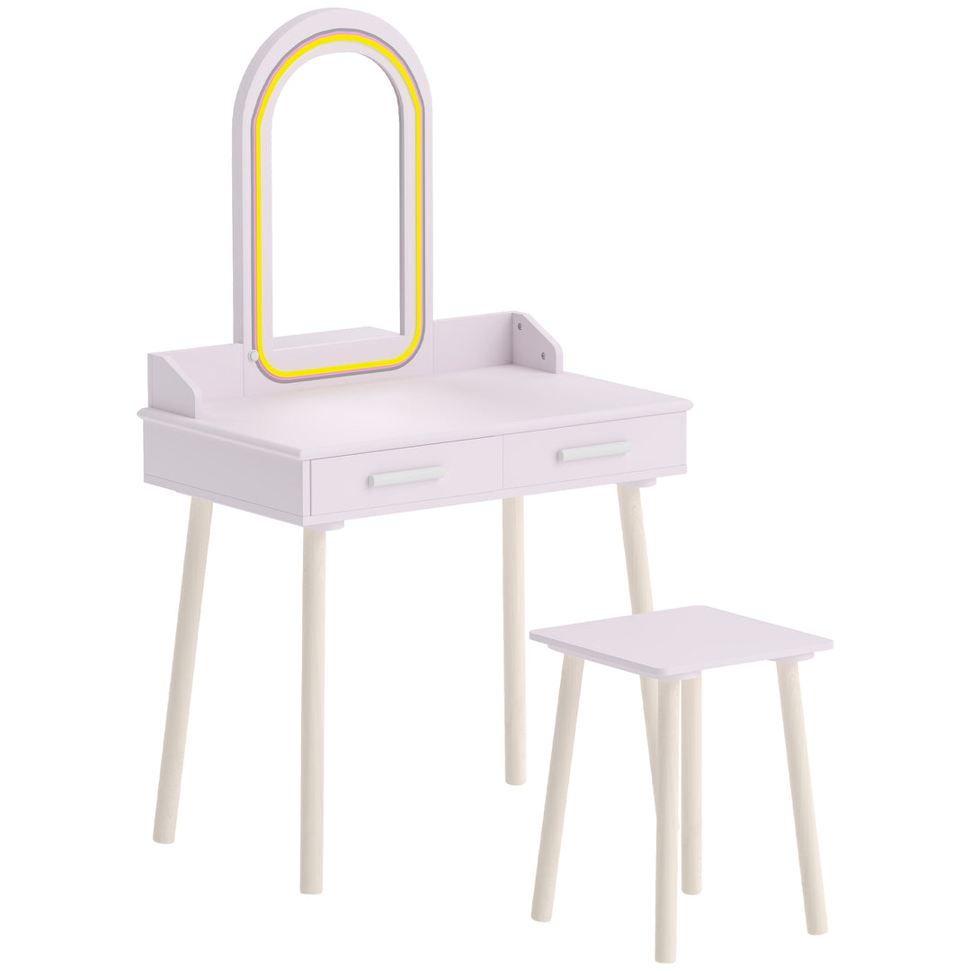 Kids Dressing Table, Girls Vanity Set with Stool, 3-Colour LED Lights 