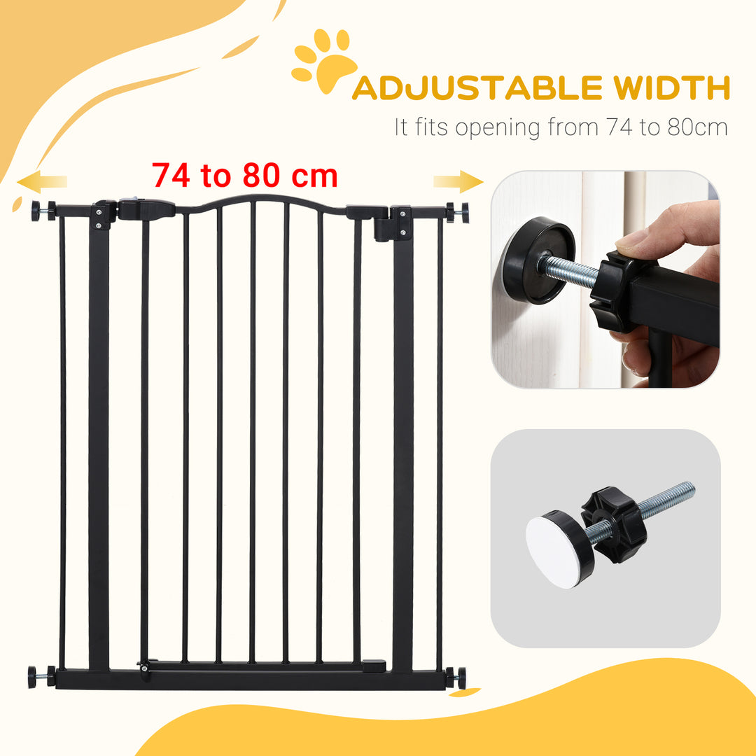 PawHut 74-84cm Adjustable Metal Pet Gate Safety Barrier w/ Auto-Close Door Double Locking Easy-Open Doors Stairs Home Frames Black | Aosom UK