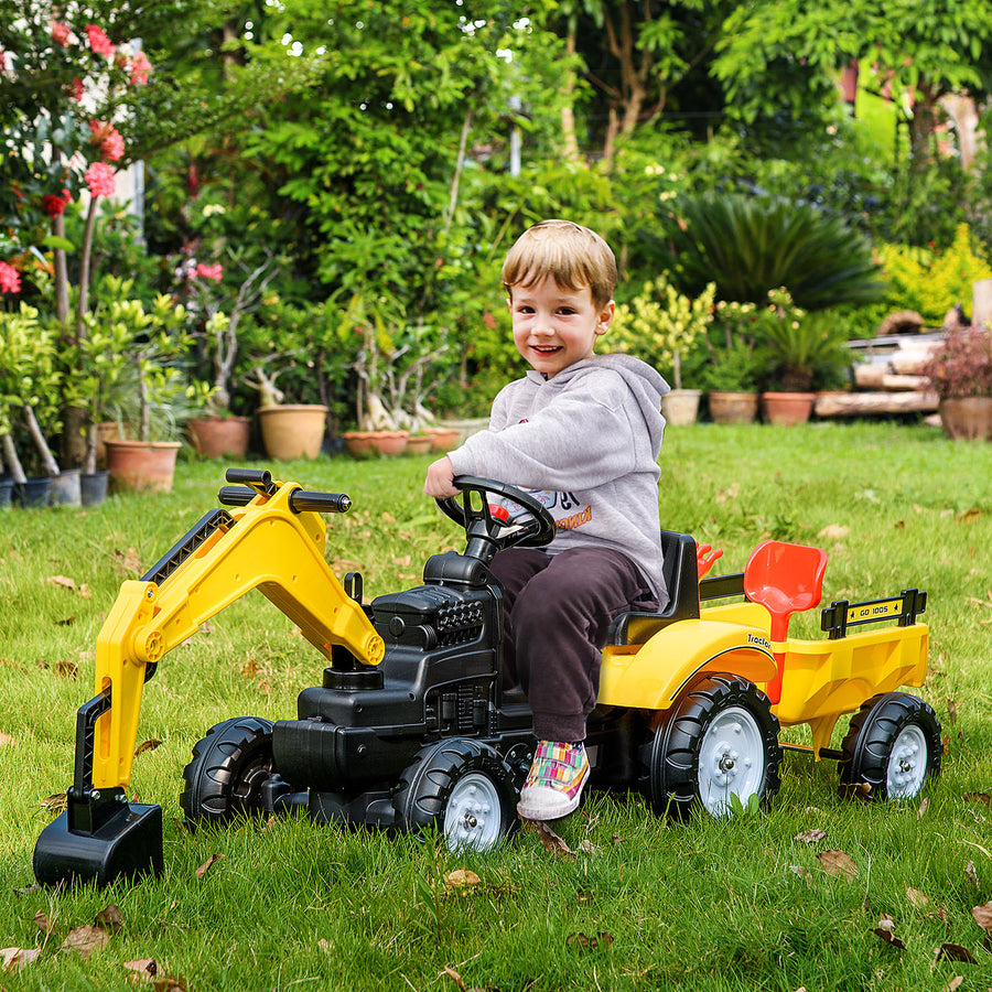 Kids Ride-On Construction Car, with Horn and Detachable Trailer - Yellow