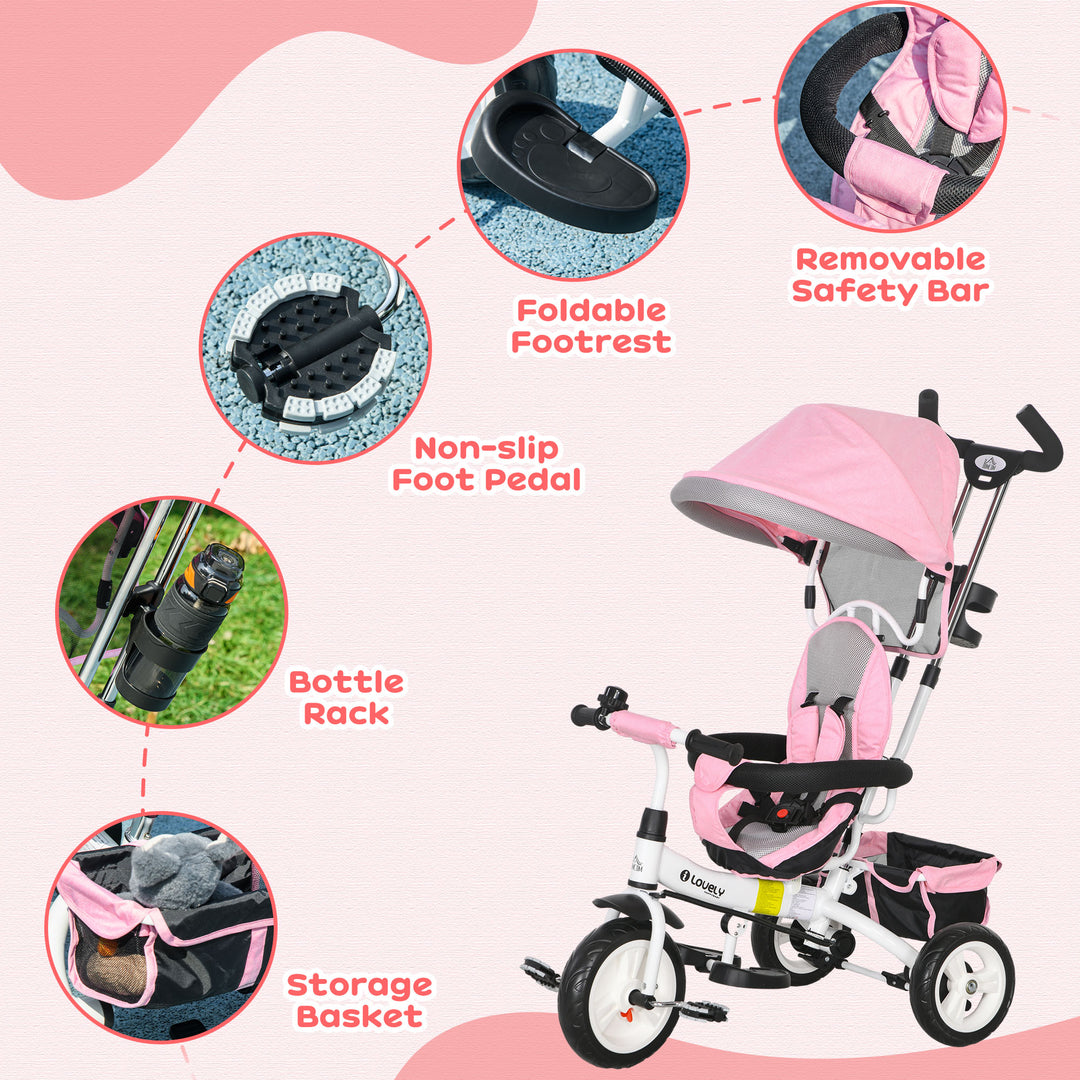 HOMCOM 4 in 1 Kids Trike Push Bike w/ Push Handle, Canopy, 5-point Safety Belt, Storage, Footrest, Brake, for 1-5 Years, Pink