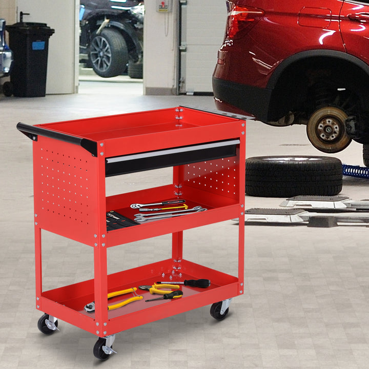 DURHAND 3-Tier Tool Trolley Cart Storage Shelf Roller Cabinet DIY Box Garage Workshop with Drawer Red | Aosom UK