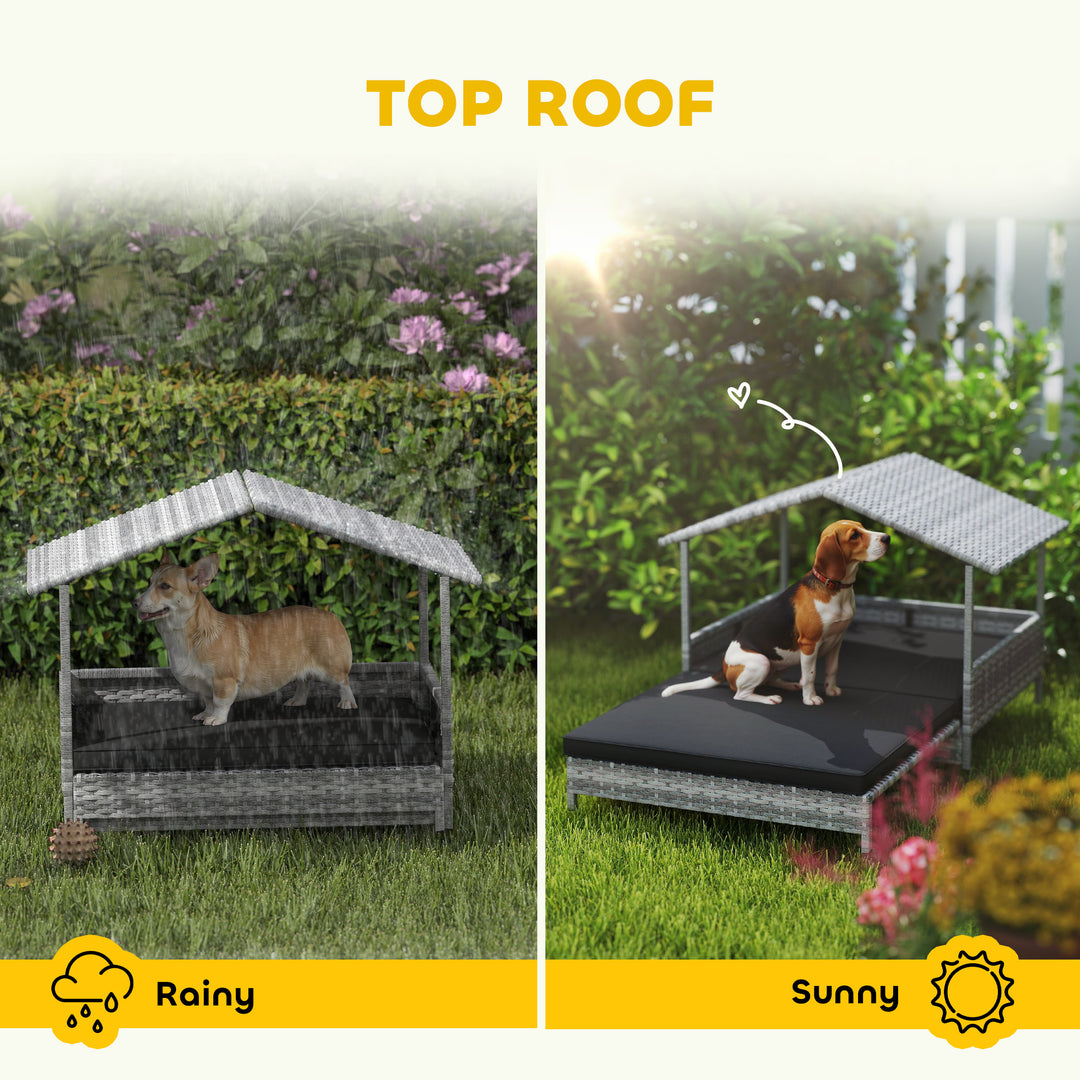 Extendable Elevated Dog Bed, Rattan Dog House, with Water-Resistant Roof, Removable Cushion, Charcoal Grey