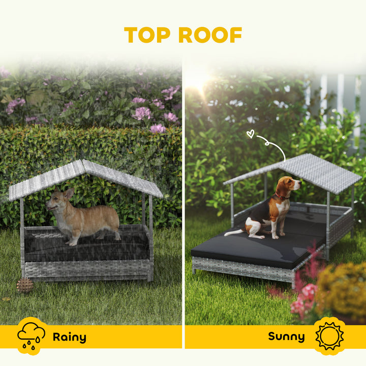 Extendable Elevated Dog Bed, Rattan Dog House, with Water-Resistant Roof, Removable Cushion, Charcoal Grey