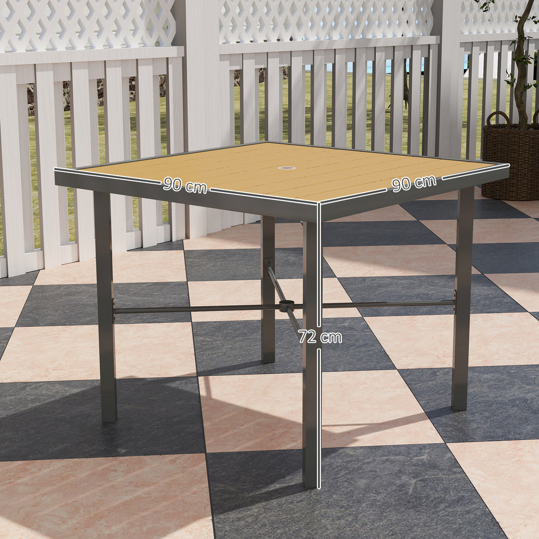 Garden Table for 4, 90 cm Rectangular Outdoor Dining Table with 4.2 cm Umbrella Hole, Wood Effect Top, Rust Resistant Frame, for Patio, Balcony, Terrace, Natural Wood Finish